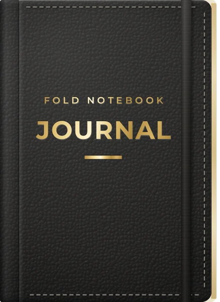 Black leather notebook titled Journal in gold foil, with an elastic strap