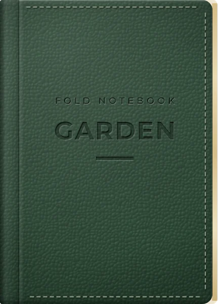 Forest green leather notebook titled Garden, pressed into the leather