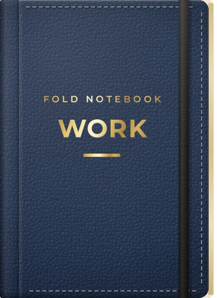 Navy leather notebook titled Work in gold foil, with an elastic strap