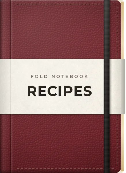 Oxblood leather notebook titled Recipes, with a cream paper band and an elastic strap over it