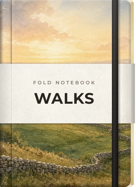 Notebook titled Walks with a watercolour landscape photo as its cover, a paper band and an elastic strap
