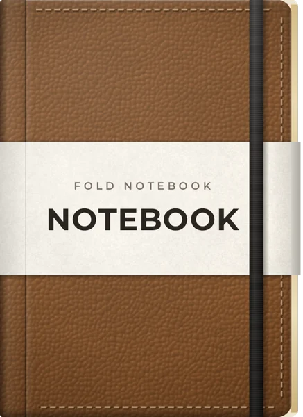 Tan leather notebook titled Notebook, with a cream paper band and a black elastic strap over it