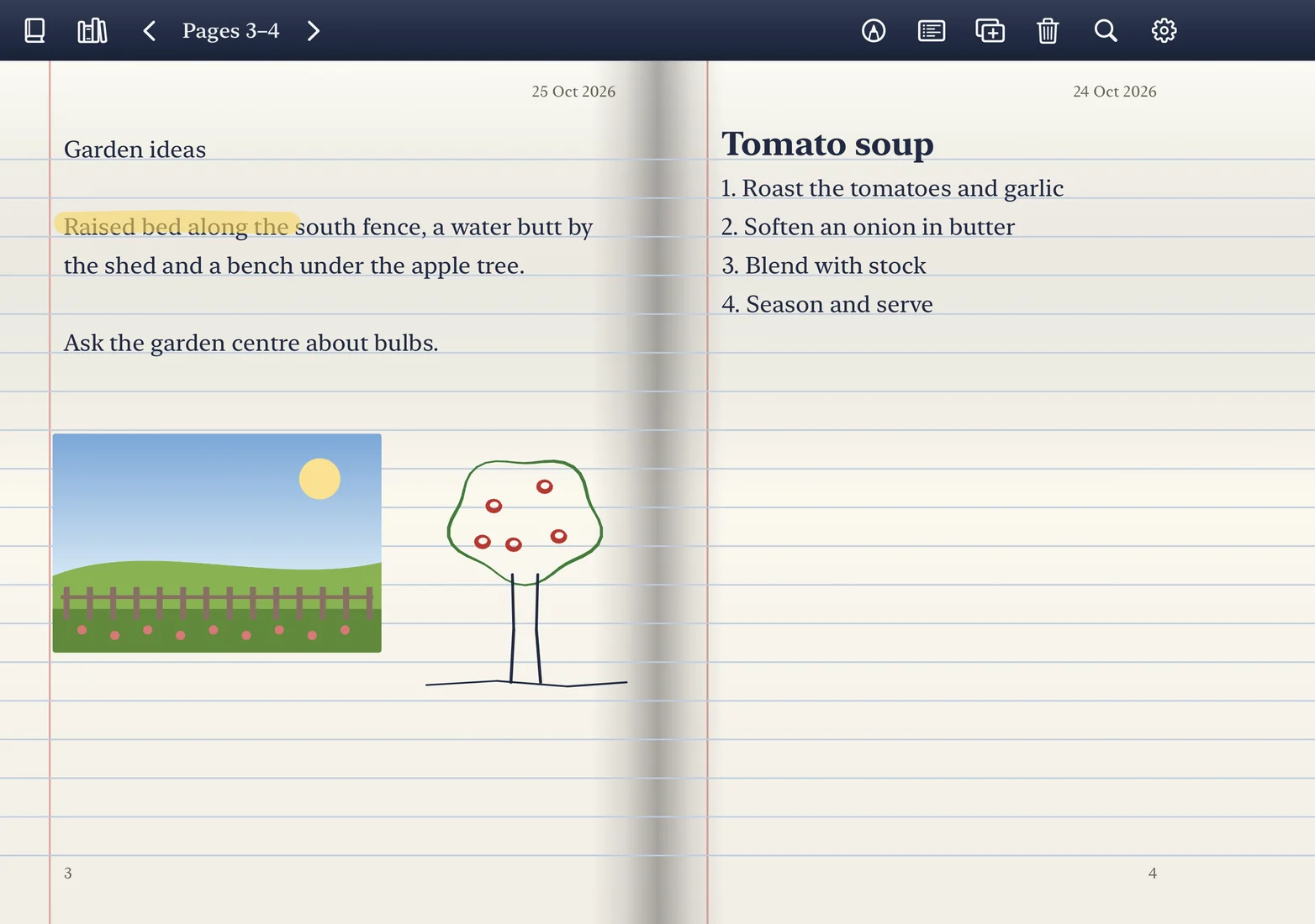 A two-page spread on iPhone Duo with handwritten drawing of a tree, a picture and a recipe