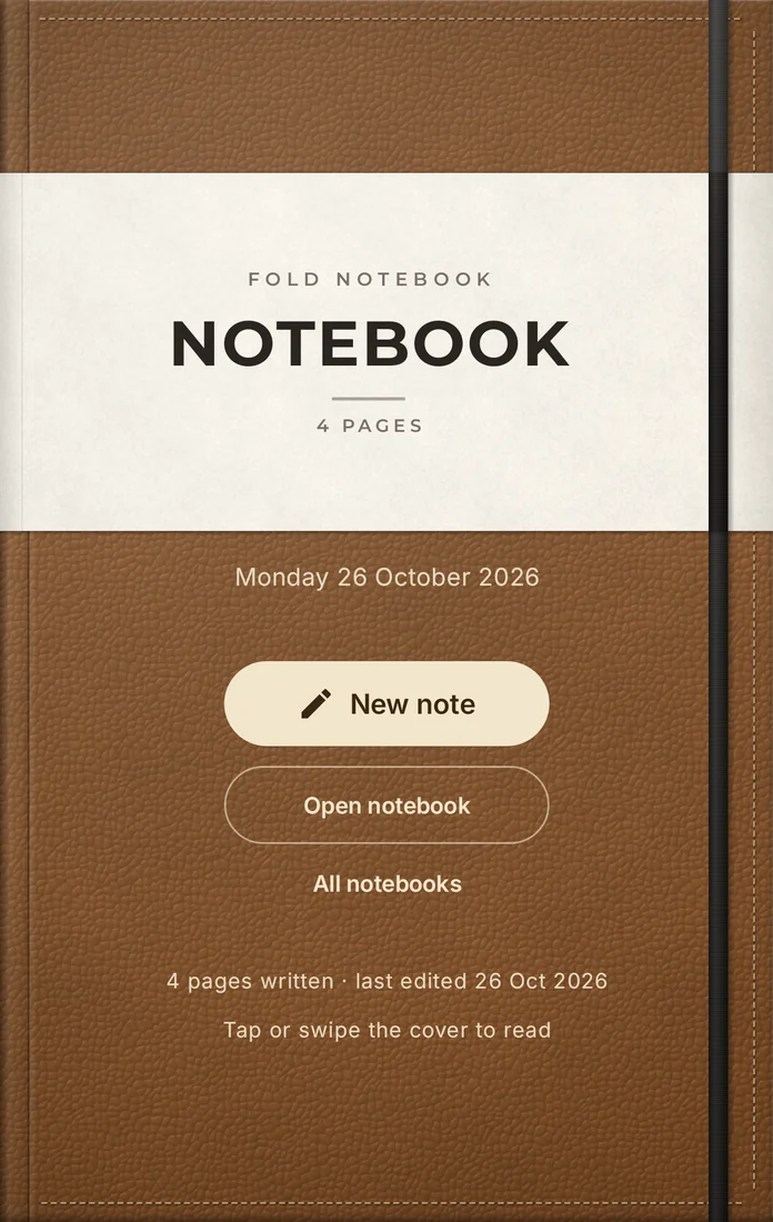 Fold Notebook on a folded Galaxy Z Fold8: the cover screen shows a tan leather notebook with New note and Open notebook buttons