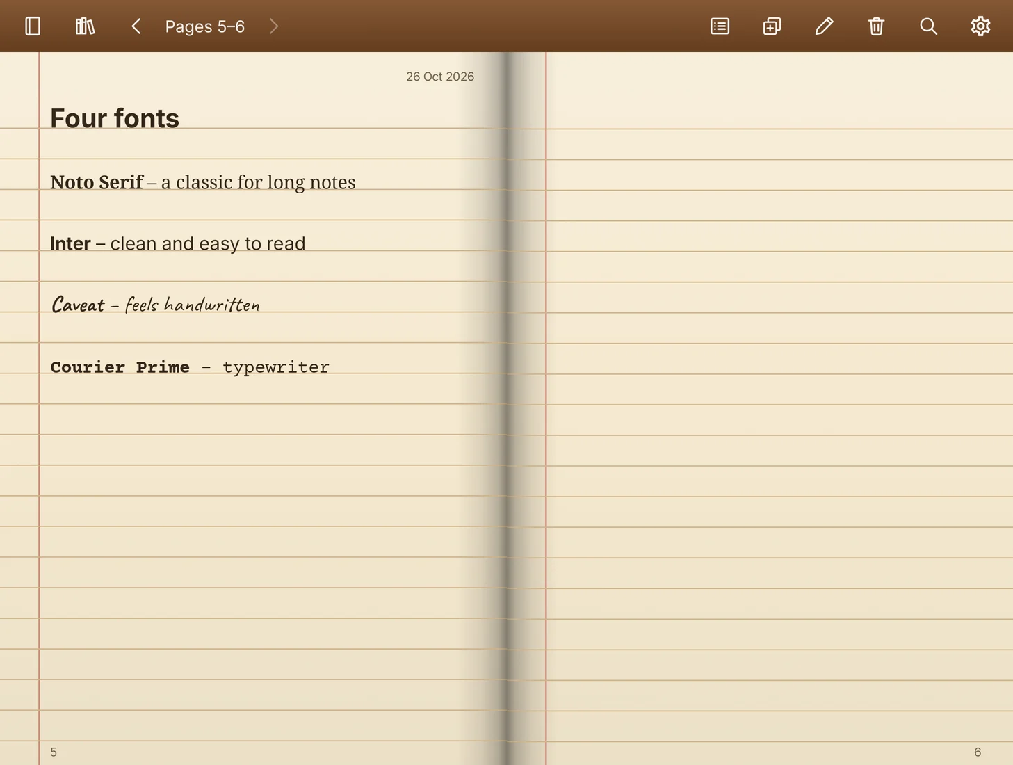 Galaxy Z Fold8: a page with one line in each writing font: Noto Serif, Inter, Caveat and Courier Prime