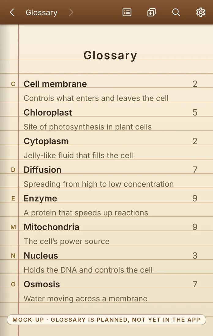 Mock-up on a folded Galaxy Z Fold8: a Glossary page listing terms from Cell membrane to Osmosis with short definitions and page numbers, and a footer saying the glossary is planned, not in the app yet