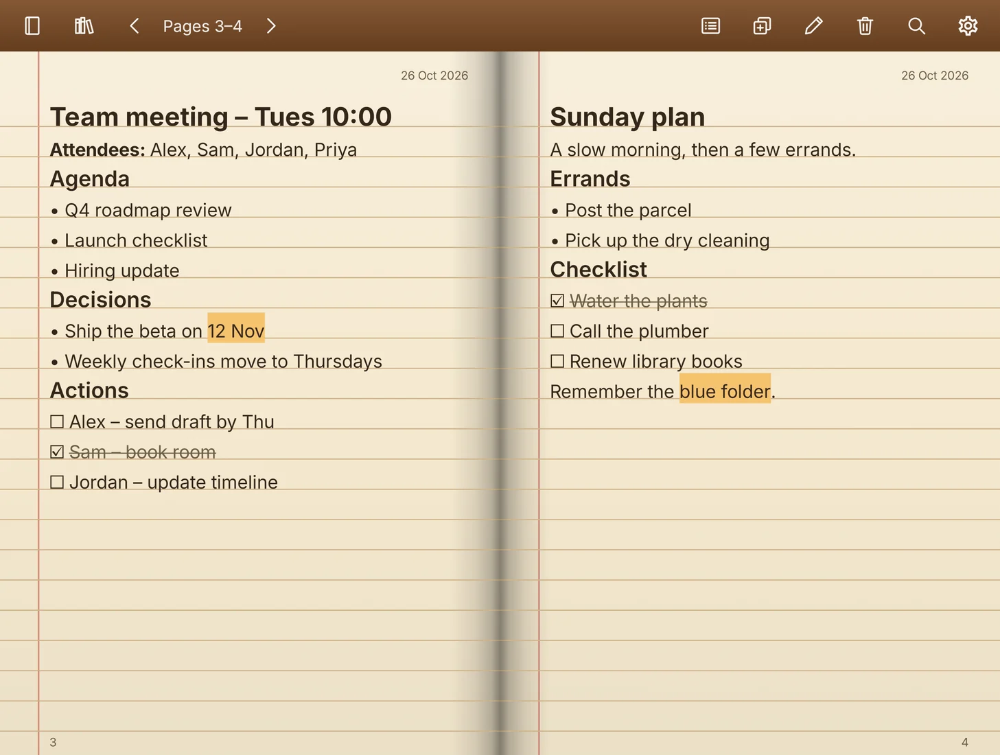 Galaxy Z Fold8: meeting minutes with attendees, agenda, decisions and actions as a checklist, next to a Sunday plan