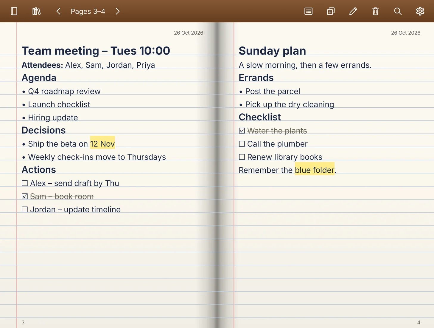 Galaxy Z Fold8: the same meeting-minutes spread on classic white paper