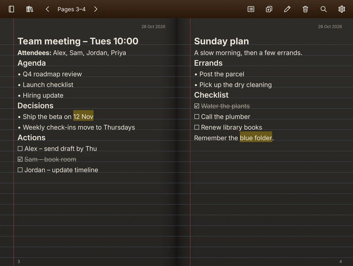 Galaxy Z Fold8: the same meeting-minutes spread on dark paper