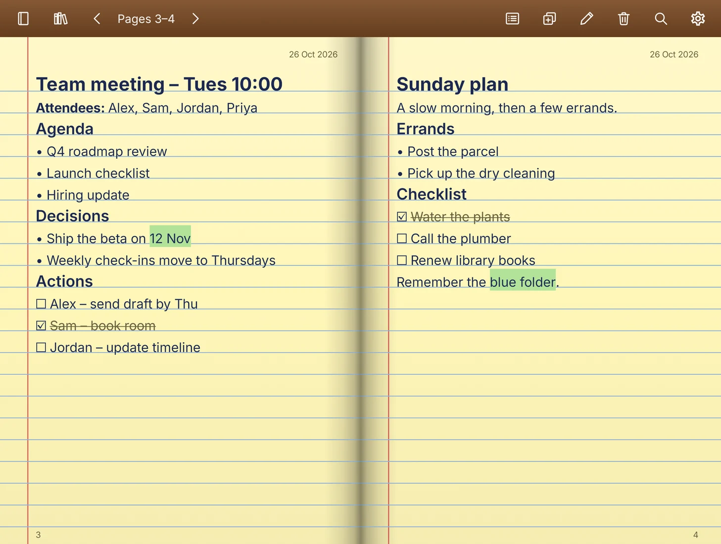Galaxy Z Fold8: the same meeting-minutes spread on pale legal-pad yellow paper