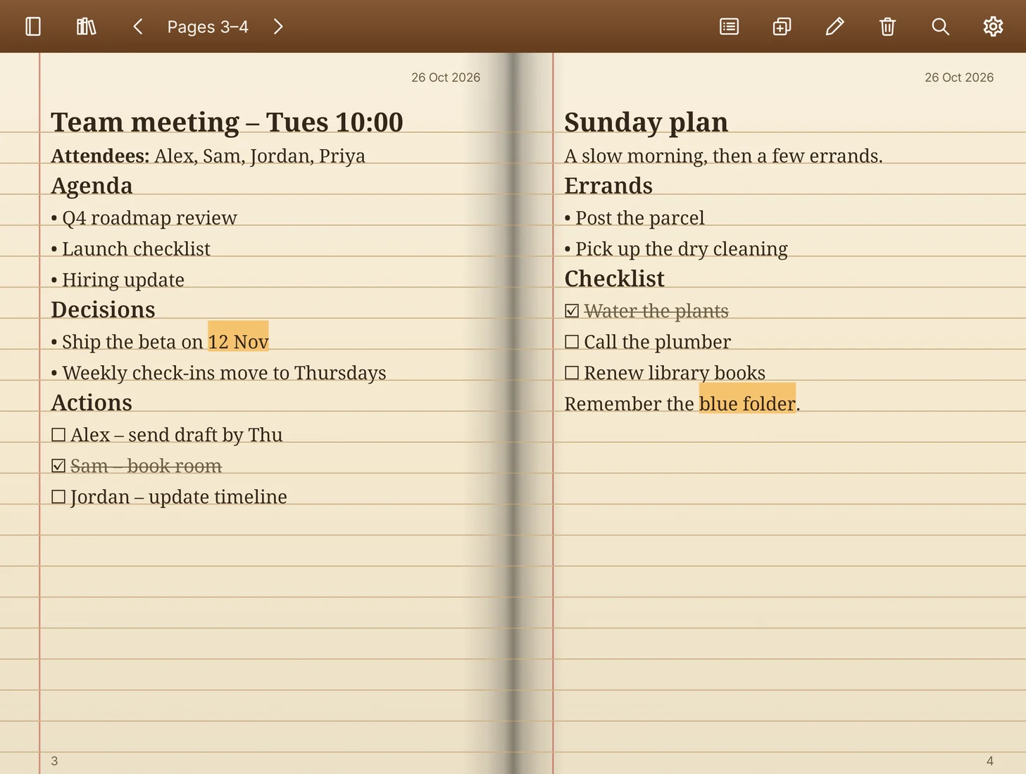 Galaxy Z Fold8: the same meeting-minutes spread on warm cream paper