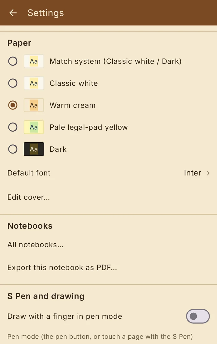 Folded Galaxy Z Fold8: Settings on the cover screen, with the paper choices and the default font