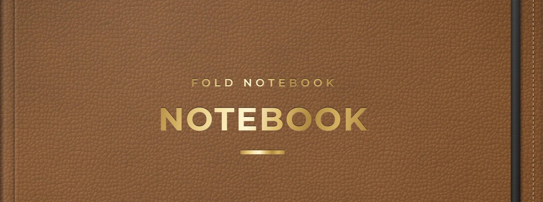 Close-up of the tan leather cover in the app: gold-foil title, stitching and elastic
