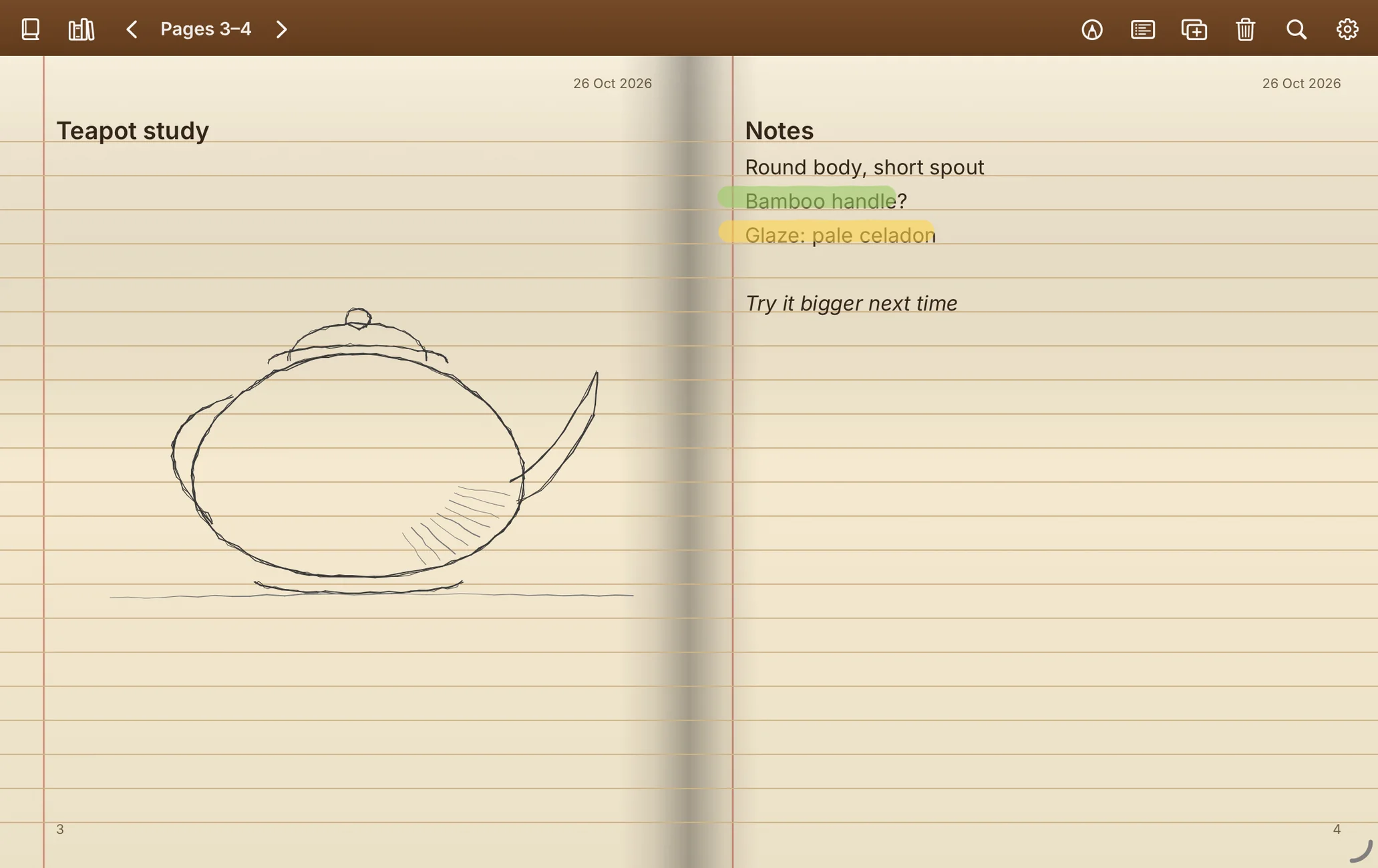 iPad: a pen sketch of a teapot on the left page and highlighted notes on the right