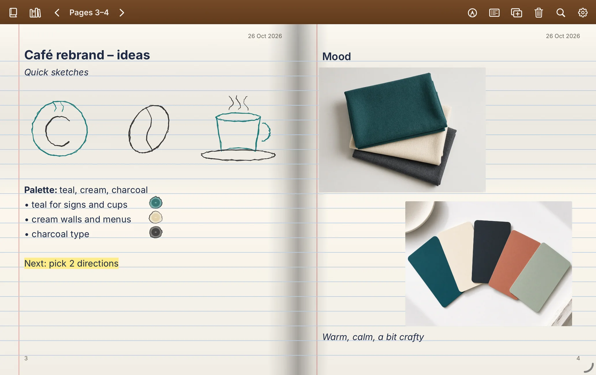 iPad: café rebrand ideas with pen sketches, colour swatches and two mood photos