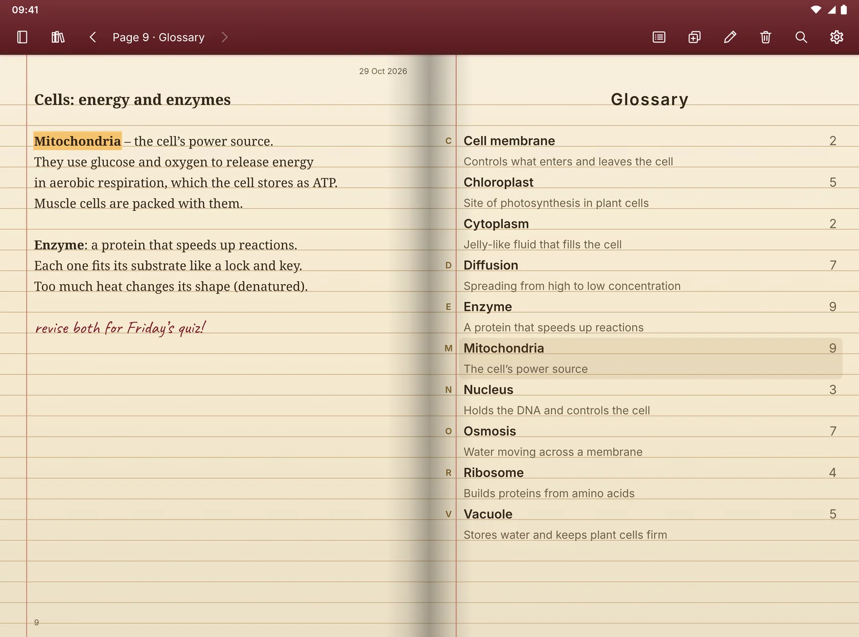 Mock-up of an open notebook: a page of biology notes with 'Mitochondria' highlighted on the left, and the Glossary page on the right with that entry selected.